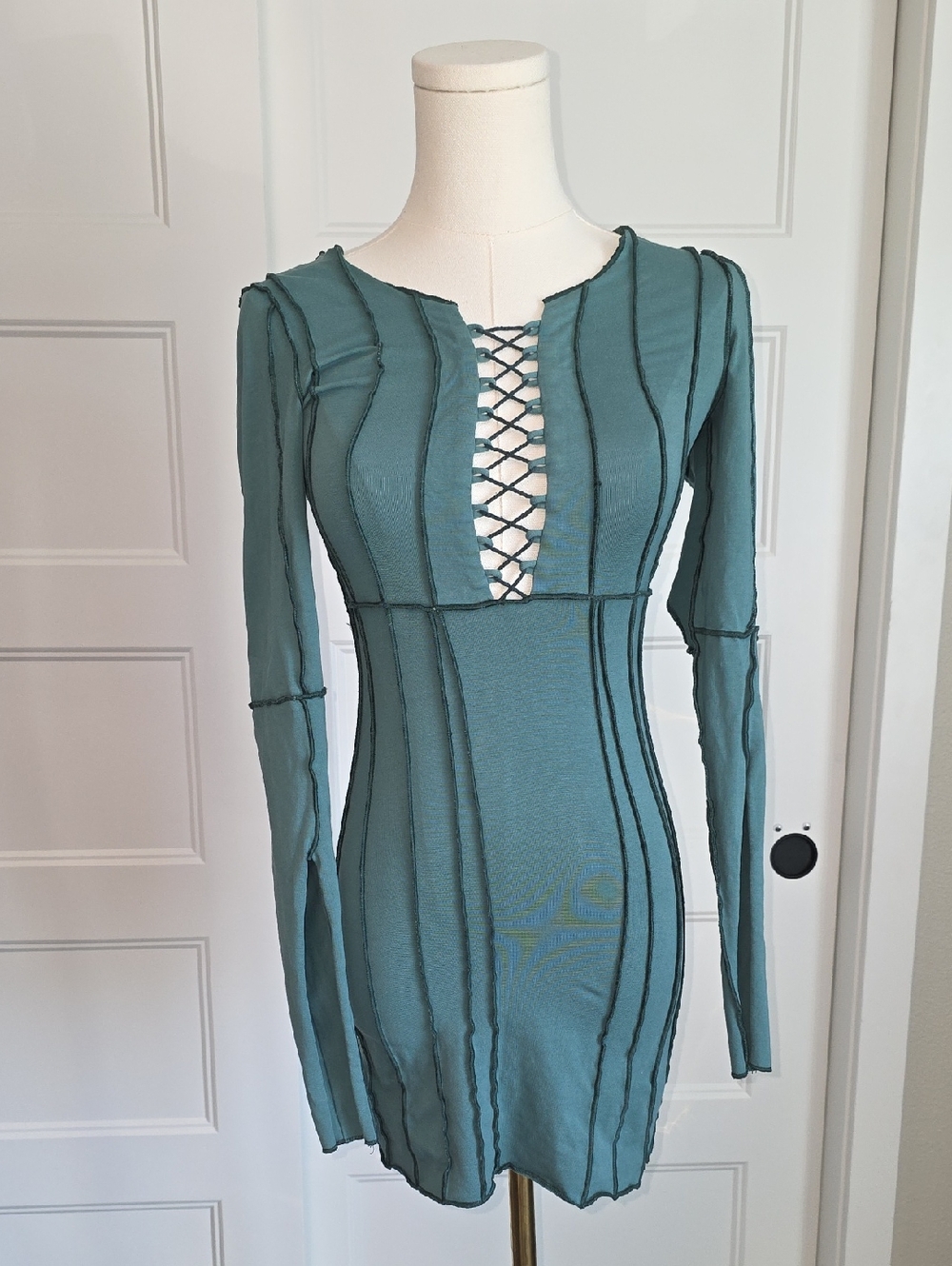 Long-Sleeve Teal Lace-Up Bodycon Dress